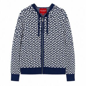 Guess Logo Print Zip Hoodie Sweater Women Large Blue White Full Zip Monogram Y2K